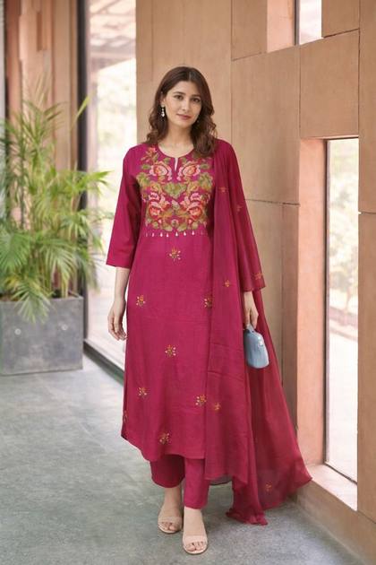 A magenta embroidered kurta with dupatta