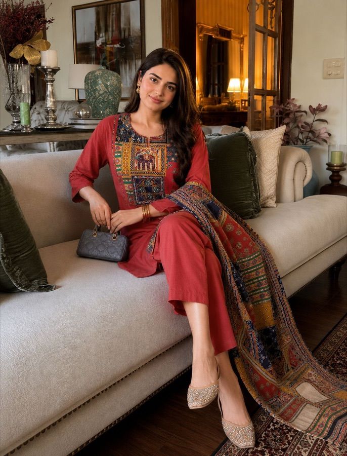 An MN Fashions kurta set — embroidered yoke with a printed dupatta